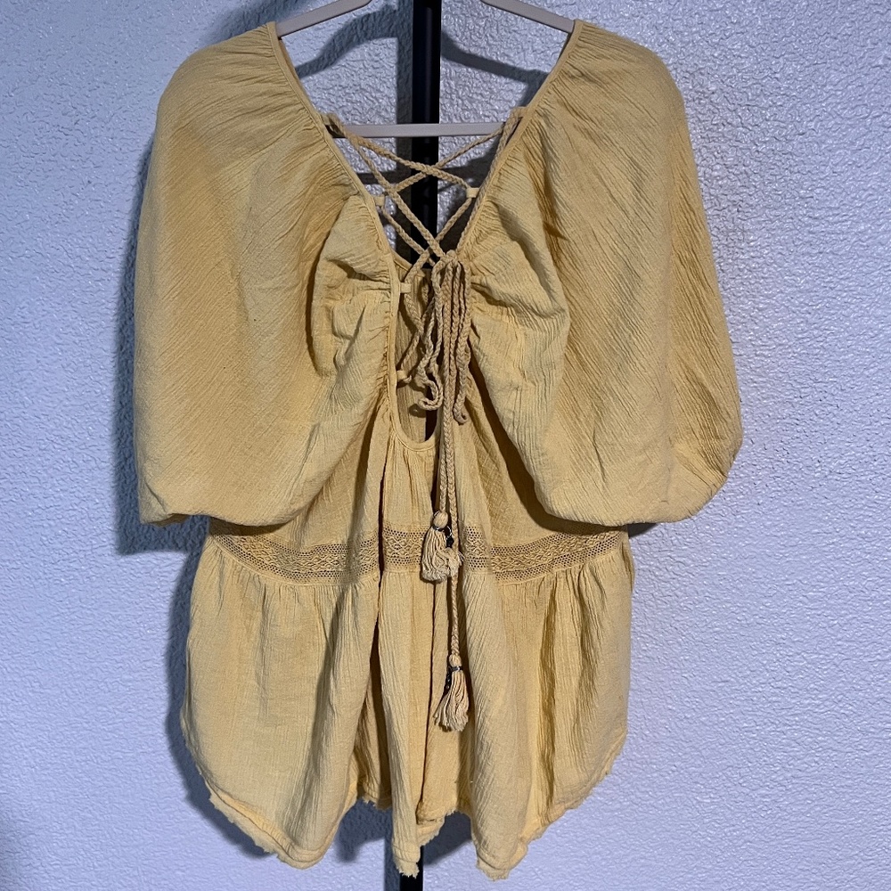 NWOT Free People Oversized Lace Up Back Top with Tassels in Yellow size XS